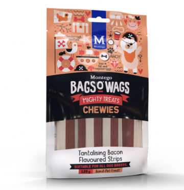 DOG TREATS BACON STRIPS BAGS O WAGS MONTEGO